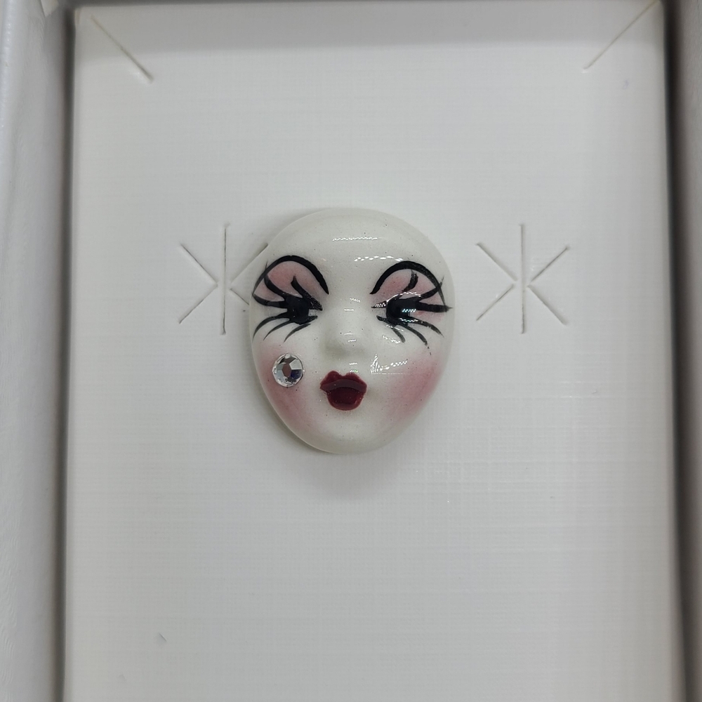 Vintage Fancy Faces Brooch Pin Handpainted Porcelain Mask with Rhinestone